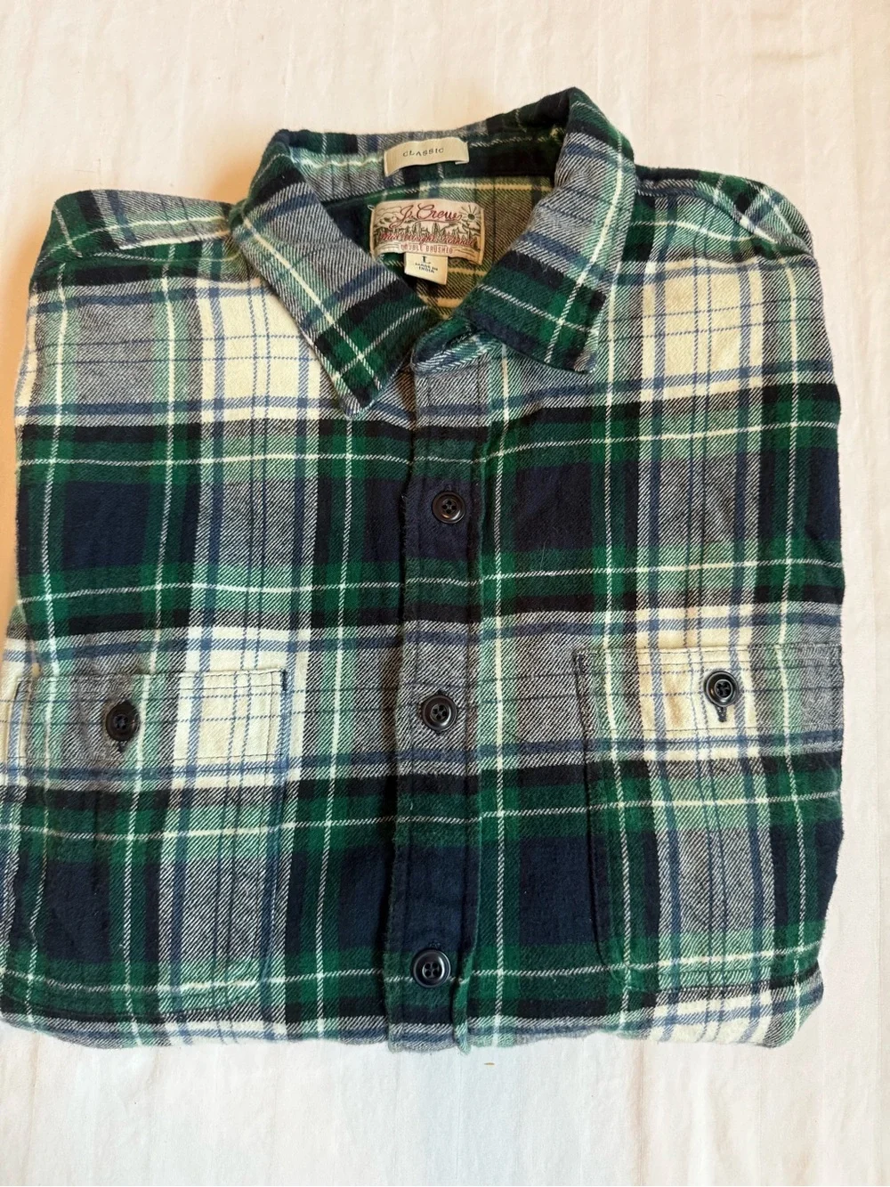 Vintage J Crew Brand Men's Green & Navy Plaid Flannel Shirt, Classic, Size L